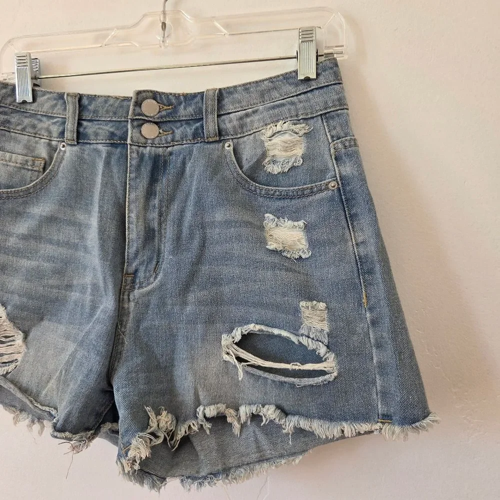 Distressed Denim Booty Short Shorts Daisy Duke Ripped High Waist Medium Wash 28